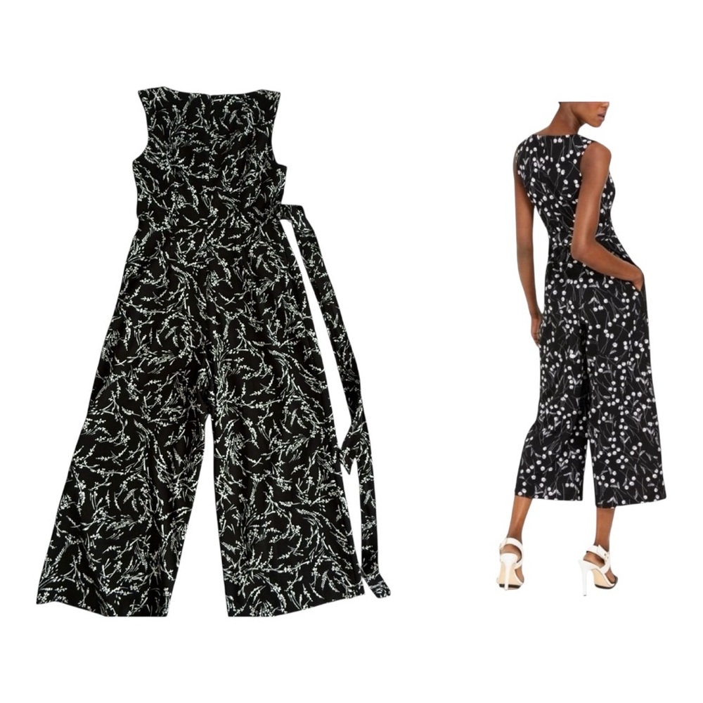Calvin Klein Black White Floral Jumpsuit Wide Leg Belted Size 10 Cropped - Picture 2 of 10